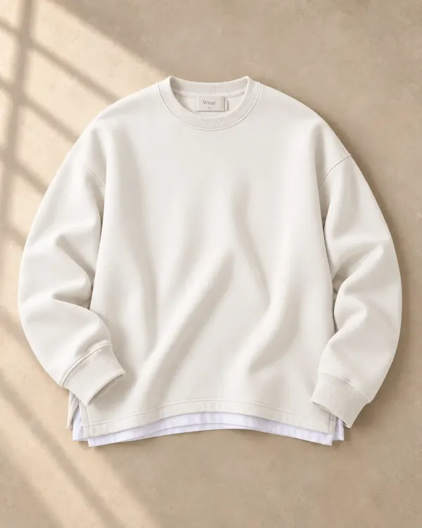 Altlı Oversize Bisiklet Yaka Sweatshirt - Beyaz