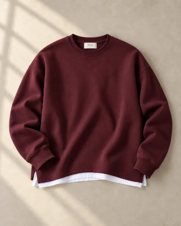 Altlı Oversize Bisiklet Yaka Sweatshirt - Bordo