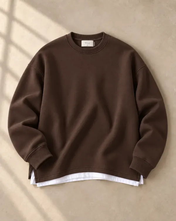 Altlı Oversize Bisiklet Yaka Sweatshirt - Kahverengi