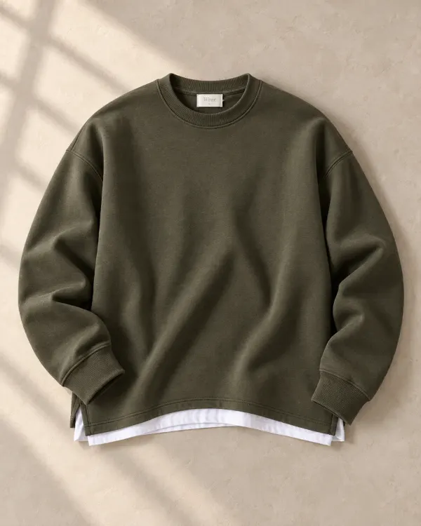 Altlı Oversize Bisiklet Yaka Sweatshirt - Koyu Haki