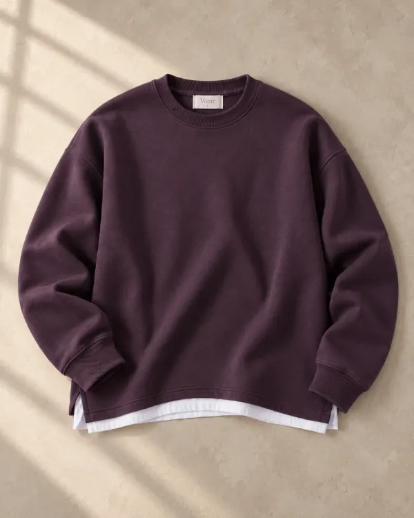 Altlı Oversize Bisiklet Yaka Sweatshirt - Koyu Mürdüm