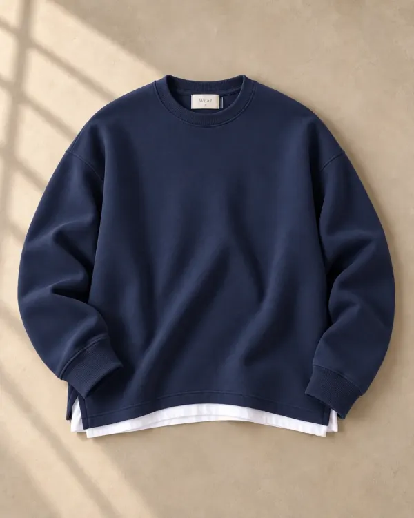 Altlı Oversize Bisiklet Yaka Sweatshirt - Lacivert