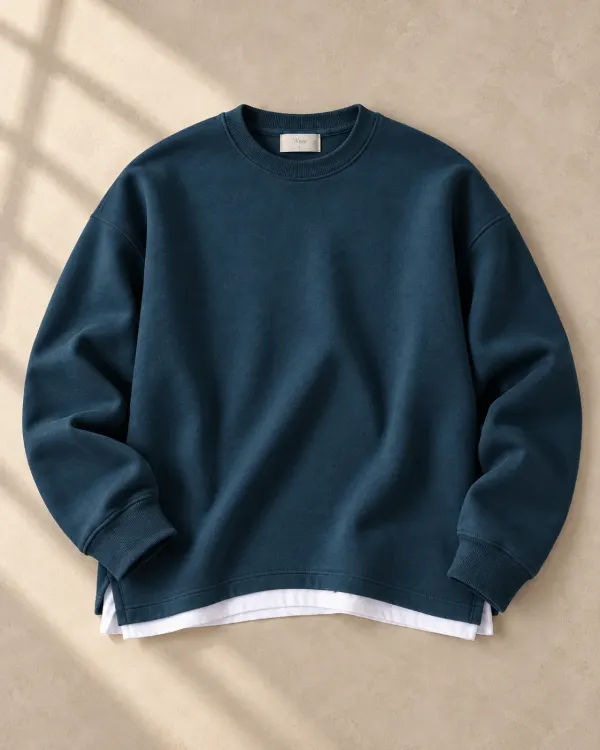 Altlı Oversize Bisiklet Yaka Sweatshirt - Petrol Mavisi