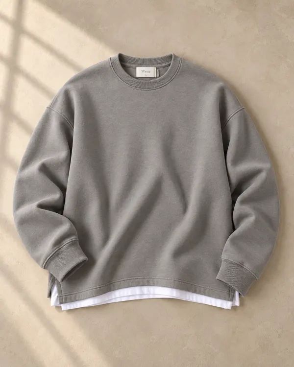 Altlı Oversize Bisiklet Yaka Sweatshirt - Taş Grisi