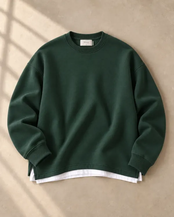 Altlı Oversize Bisiklet Yaka Sweatshirt - Yeşil
