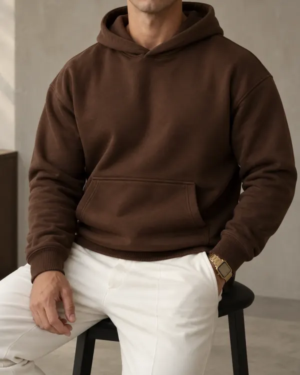 Kapüşonlu Basic Sweatshirt - Kahverengi