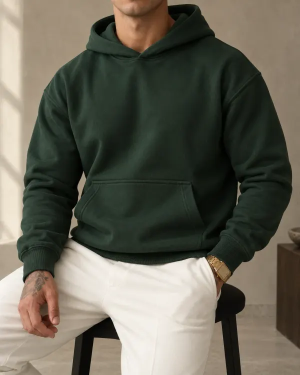 Kapüşonlu Basic Sweatshirt - Koyu Yeşil