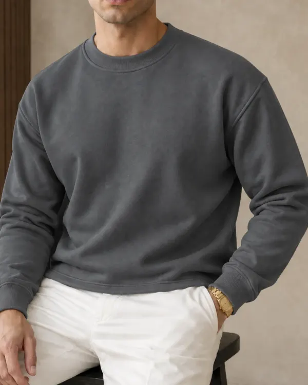 Düz Bisiklet Yaka Sweatshirt - Antrasit