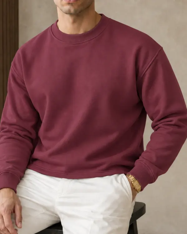 Düz Bisiklet Yaka Sweatshirt - Bordo