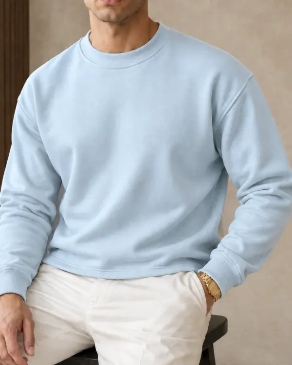 Düz Bisiklet Yaka Sweatshirt - Buz Mavisi