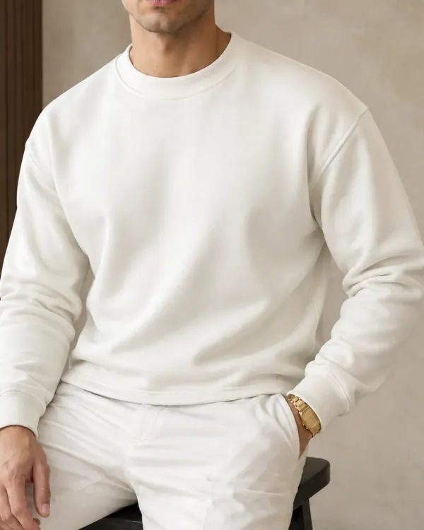 Düz Bisiklet Yaka Sweatshirt - Ekru