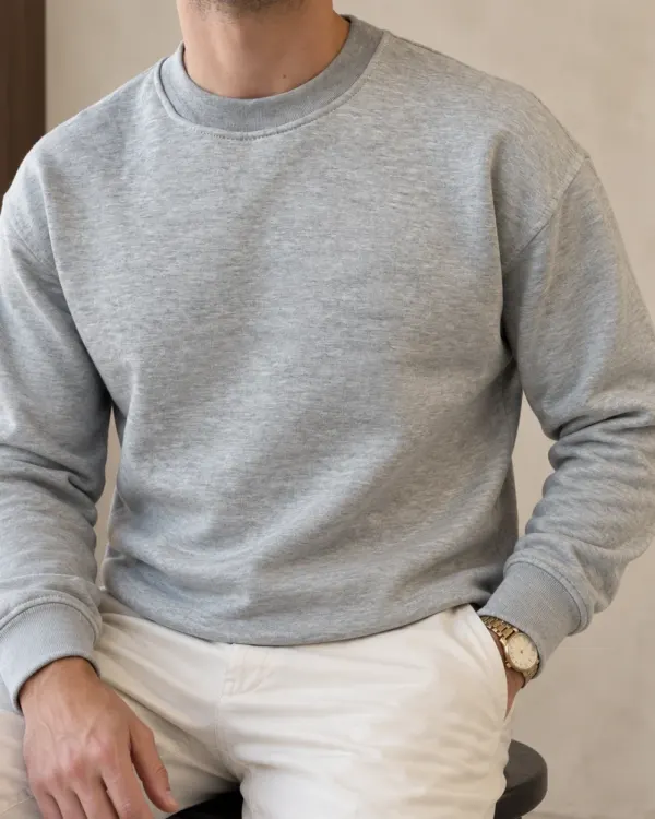 Düz Bisiklet Yaka Sweatshirt - Gri Melanj