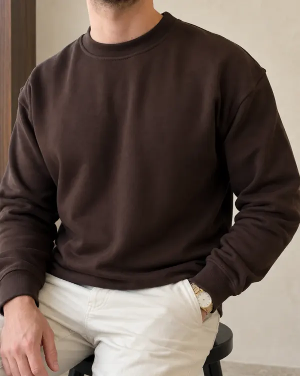 Düz Bisiklet Yaka Sweatshirt - Kahverengi