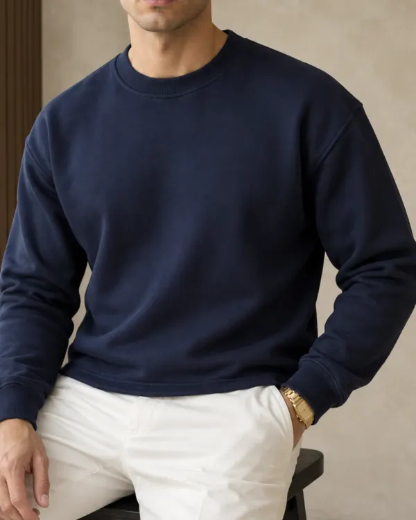 Düz Bisiklet Yaka Sweatshirt - Lacivert