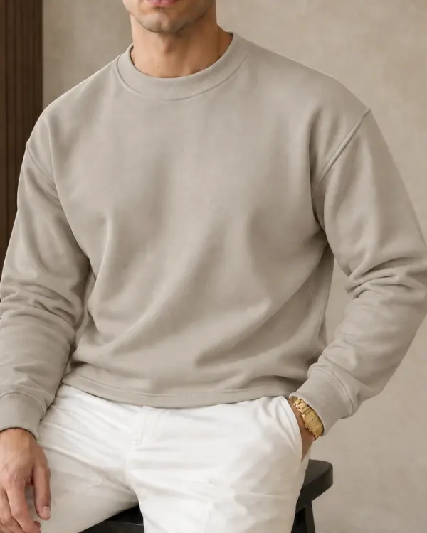 Düz Bisiklet Yaka Sweatshirt - Taş