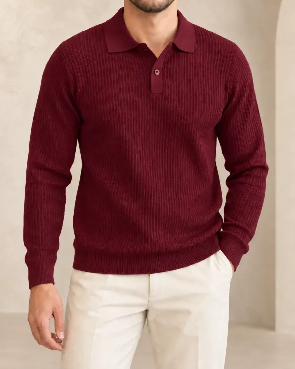 Düğmeli Polo Yaka Kazak - Bordo