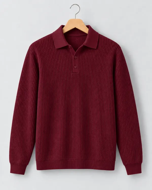 Düğmeli Polo Yaka Kazak - Bordo
