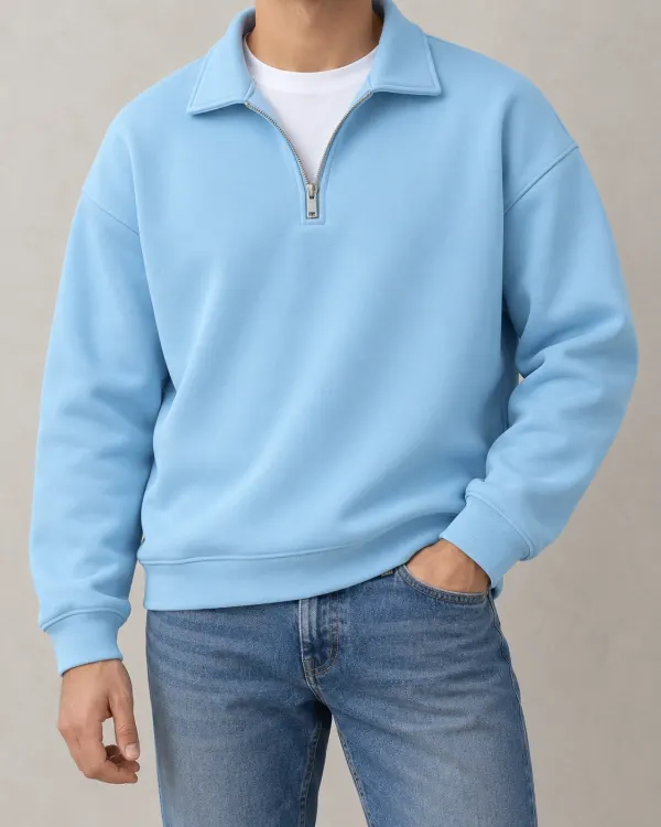 Yarım Fermuarlı Sweatshirt - Açık Mavi