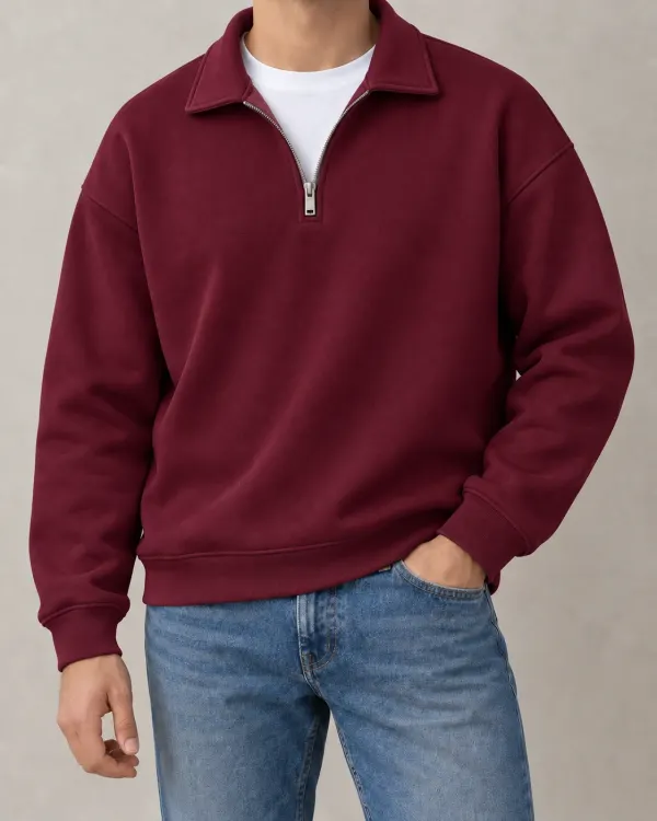 Yarım Fermuarlı Sweatshirt - Bordo