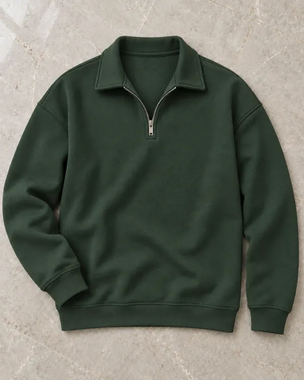 Yarım Fermuarlı Sweatshirt - Koyu Yeşil