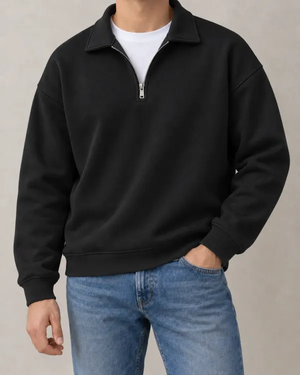 Yarım Fermuarlı Sweatshirt - Siyah