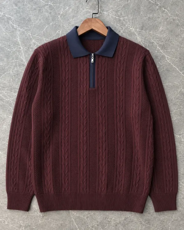 Saç Örgü Fermuarlı Polo Yaka - Bordo