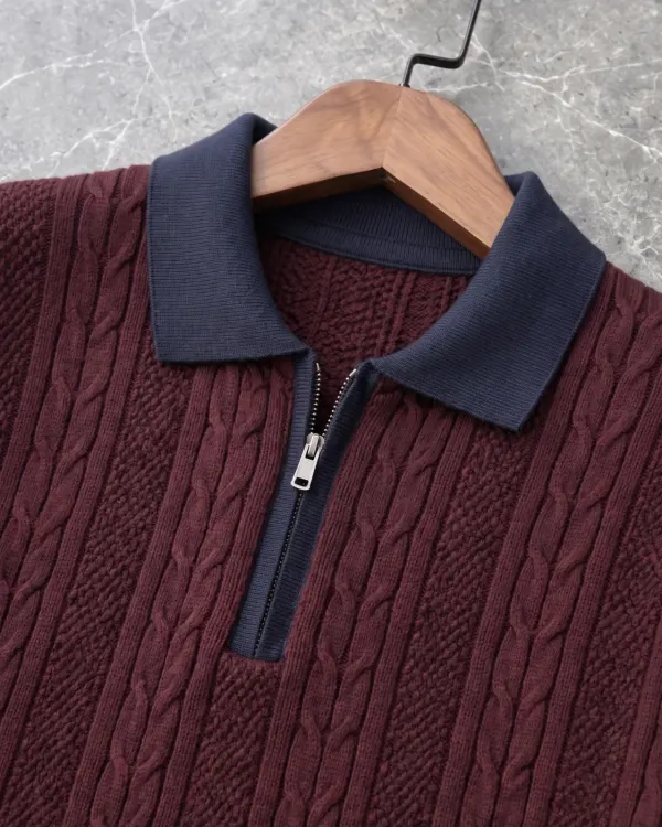 Saç Örgü Fermuarlı Polo Yaka - Bordo