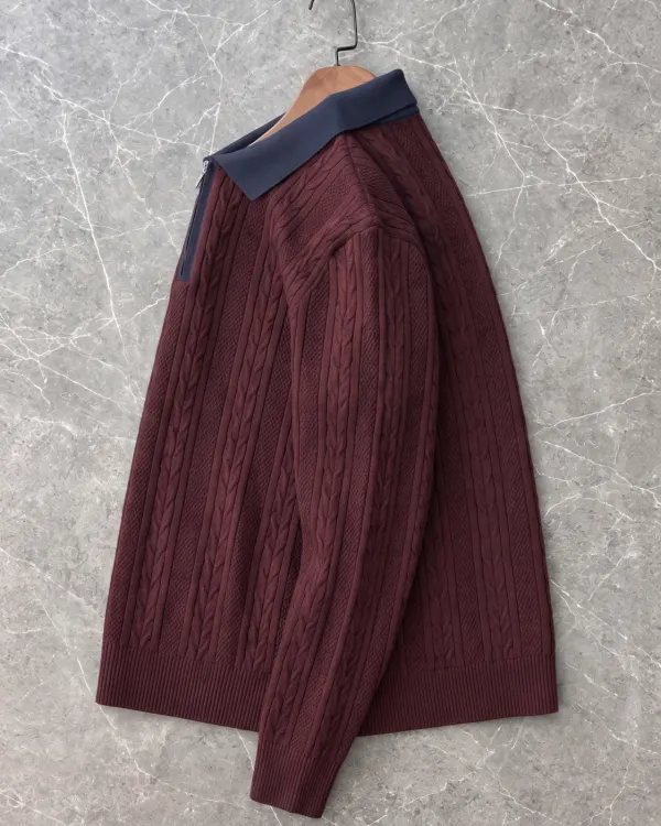 Saç Örgü Fermuarlı Polo Yaka - Bordo