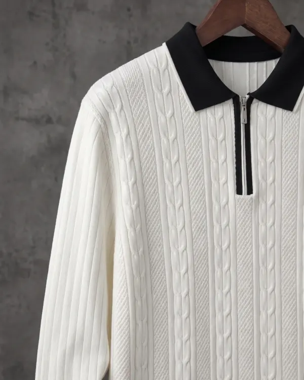 Saç Örgü Fermuarlı Polo Yaka - Kırık Beyaz