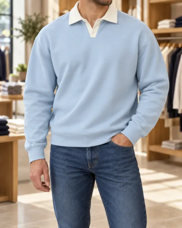 Kontrast Yaka Polo Sweatshirt - Yeni Açık Mavi