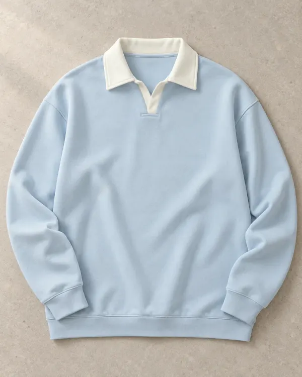 Kontrast Yaka Polo Sweatshirt - Yeni Açık Mavi