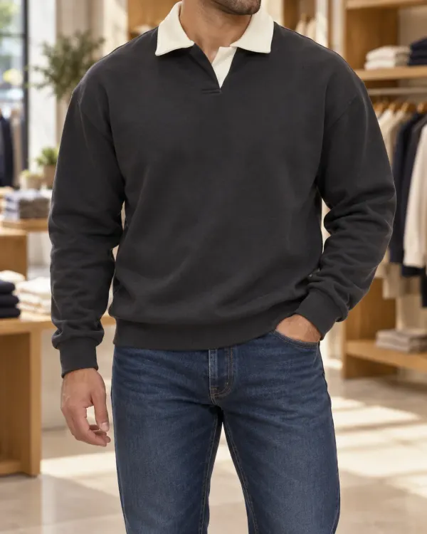 Kontrast Yaka Polo Sweatshirt - Yeni Antrasit