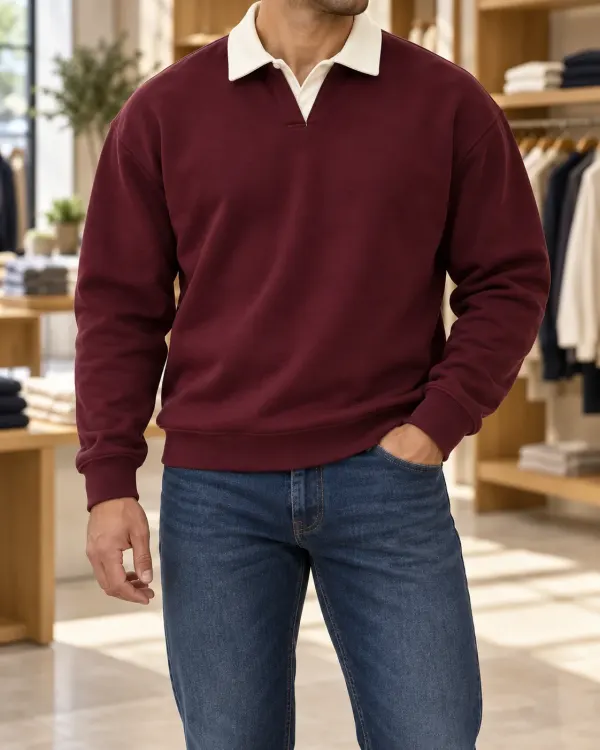 Kontrast Yaka Polo Sweatshirt - Yeni Bordo