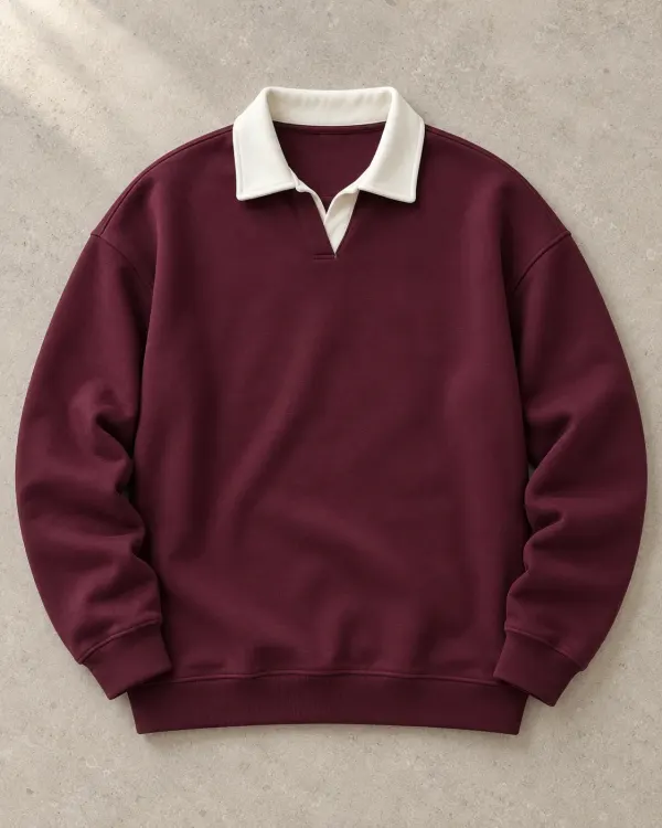Kontrast Yaka Polo Sweatshirt - Yeni Bordo