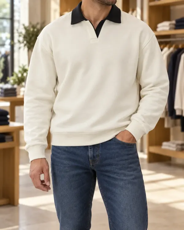 Kontrast Yaka Polo Sweatshirt - Yeni Ekru