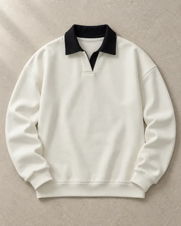 Kontrast Yaka Polo Sweatshirt - Yeni Ekru