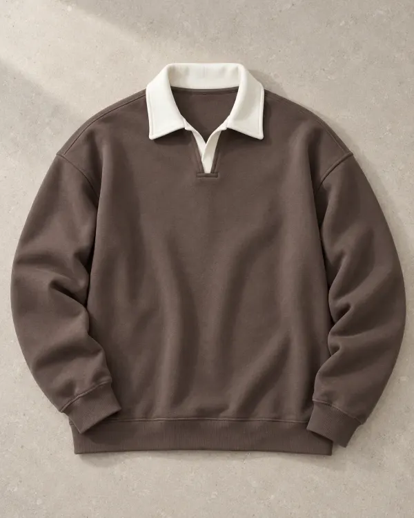 Kontrast Yaka Polo Sweatshirt - Yeni Kahverengi