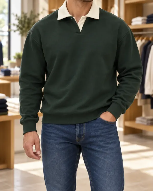 Kontrast Yaka Polo Sweatshirt - Yeni Koyu Yeşil