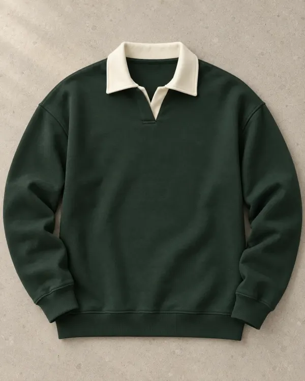 Kontrast Yaka Polo Sweatshirt - Yeni Koyu Yeşil