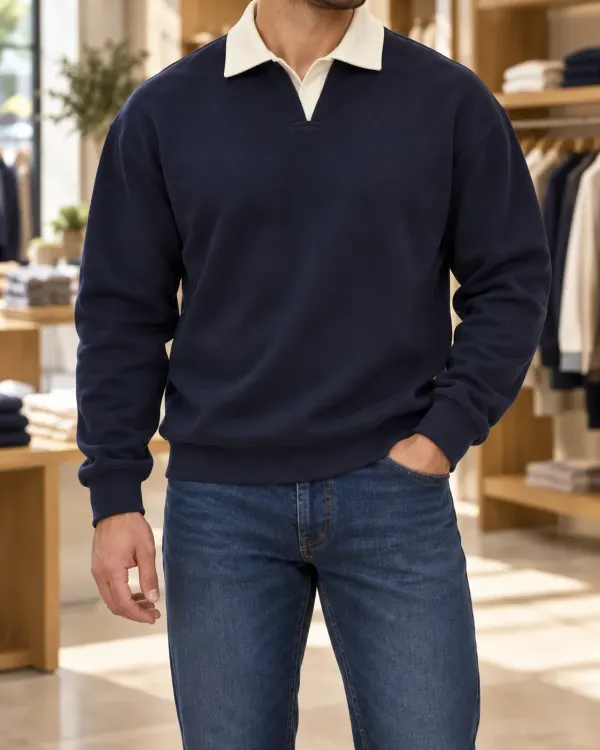 Kontrast Yaka Polo Sweatshirt - Yeni Lacivert