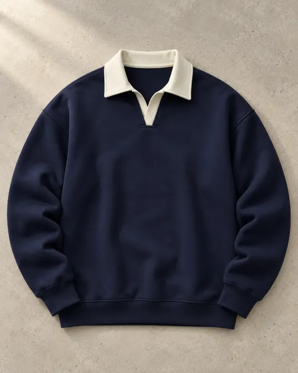 Kontrast Yaka Polo Sweatshirt - Yeni Lacivert