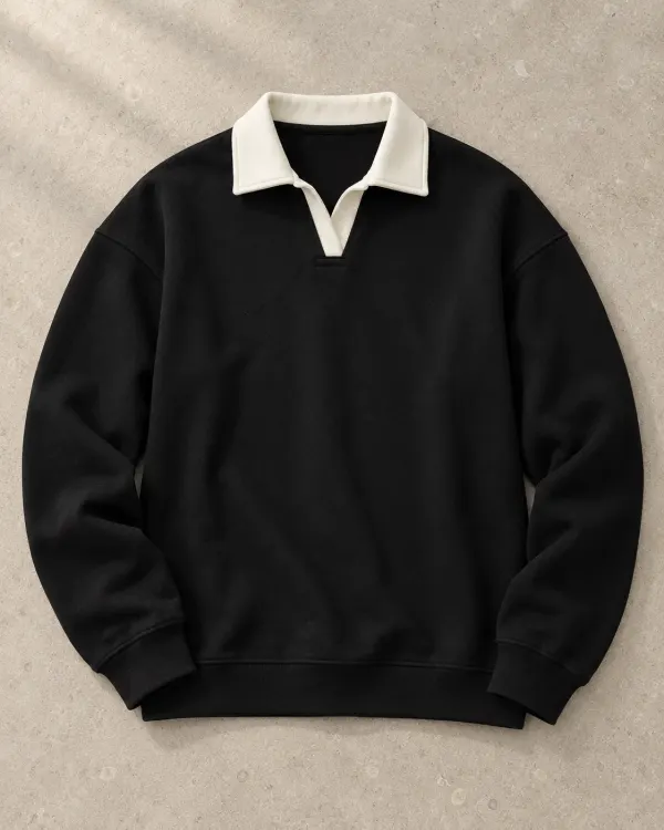 Kontrast Yaka Polo Sweatshirt - Yeni Siyah