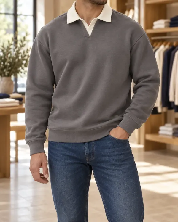 Kontrast Yaka Polo Sweatshirt - Yeni Taş Grisi