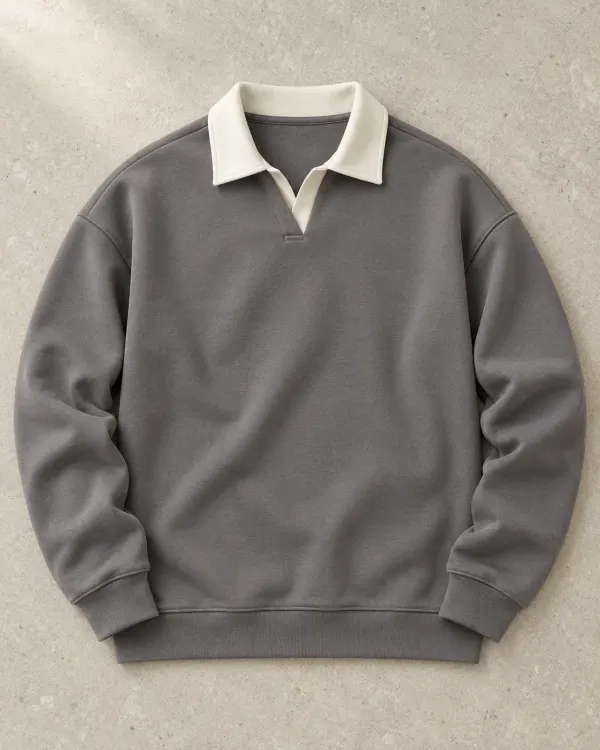 Kontrast Yaka Polo Sweatshirt - Yeni Taş Grisi