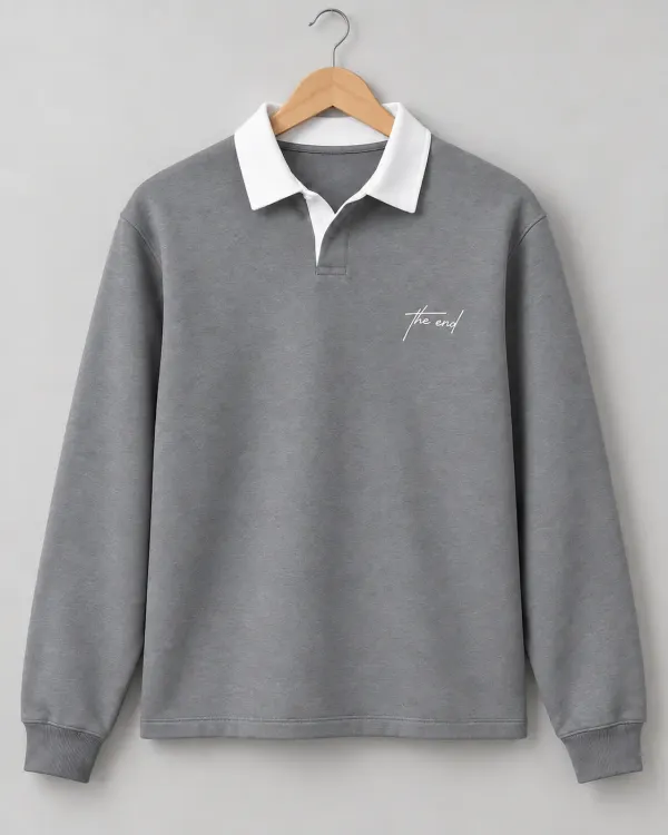 Kontrast Yaka Polo Sweatshirt - Gri