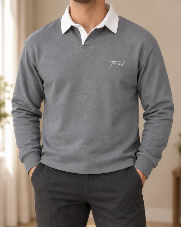 Kontrast Yaka Polo Sweatshirt - Gri