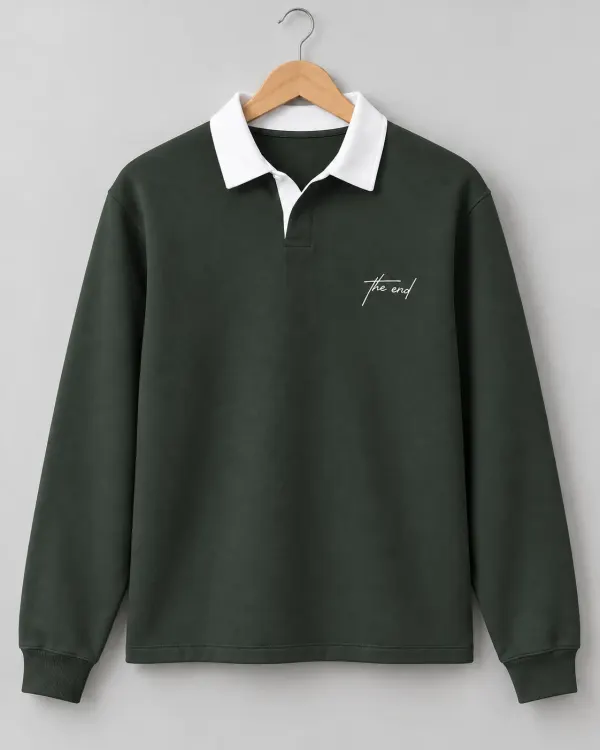 Kontrast Yaka Polo Sweatshirt - Koyu Yeşil