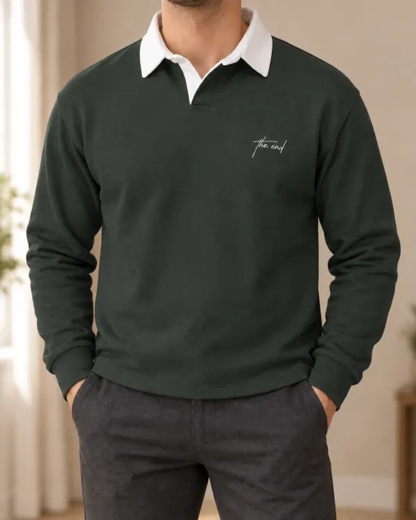 Kontrast Yaka Polo Sweatshirt - Koyu Yeşil