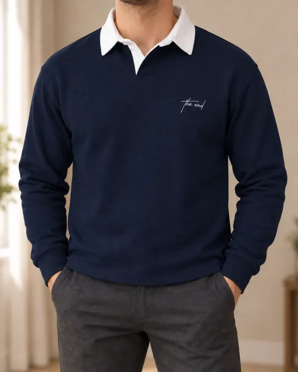 Kontrast Yaka Polo Sweatshirt - Lacivert