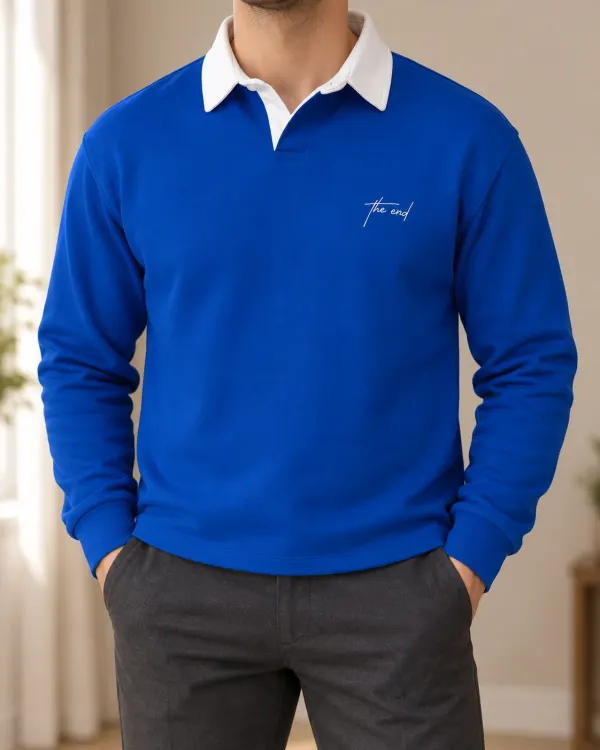 Kontrast Yaka Polo Sweatshirt - Saks Mavi